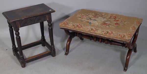 A Regency mahogany rectangular footstool on 'X' frame supports united by turned stretcher, 75cm wide x 39cm high and an 18th century style oak joint s