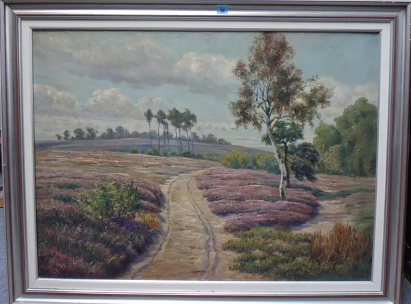 Heinrich Harder (1858-1935), Path through the heather, oil on canvas, signed, 72cm x 98cm.