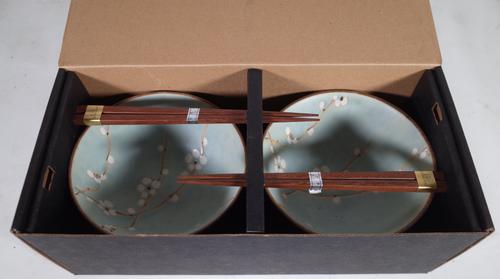 THE LAST SAMURAI:  Warner Bros.,  2003, a marketing presentation box containing a pair of modern Japanese porcelain rice bowls, painted with branches