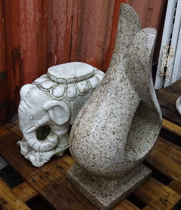 A 20th century white marble garden seat formed as an elephant 42cm high and a 20th century granite abstract sculpture on square plinth base, 82cm high