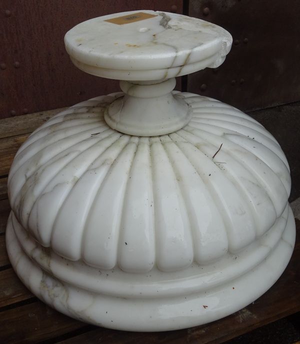 A 20th century white marble urn on circular plinth base, 50cm wide x 35cm high.