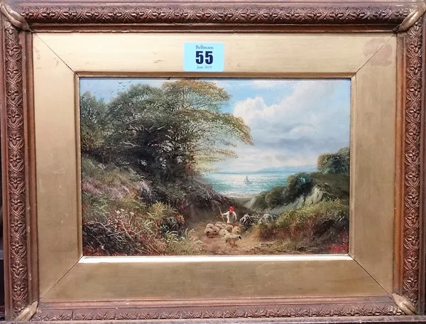 English School (19th century), Sheep and shepherd on a path by the sea, oil on board, 14.5cm x 20.5cm.