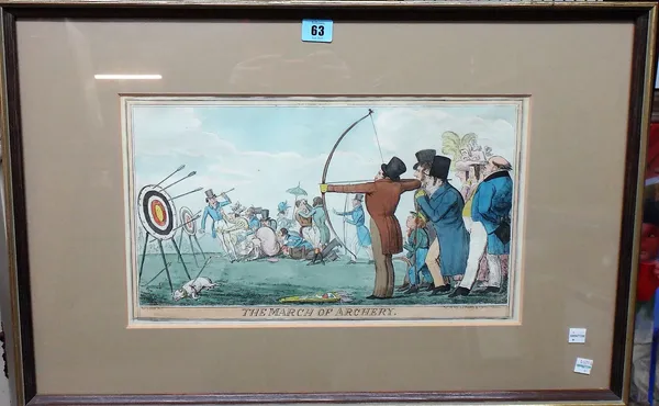 A group of thee hand coloured satirical engravings, including 'The March of Archery', after 'Robin Hood', 'The Union Club' after Gilray; and 'A Ballad