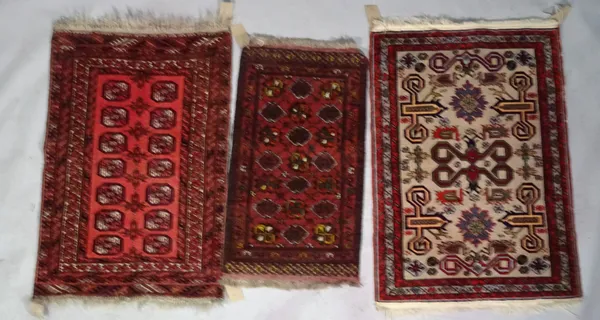 A Perepedil rug, 117cm x 81cm, a Beshir, 98cm x 54cm and a Turkman rug, 110cm x 74cm, (3).
