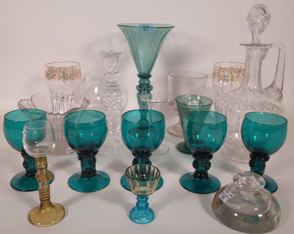 Glassware, including; An early 20th century pale green goblet, a set of five green wine glasses and a cut glass decanter and sundry, (qty).