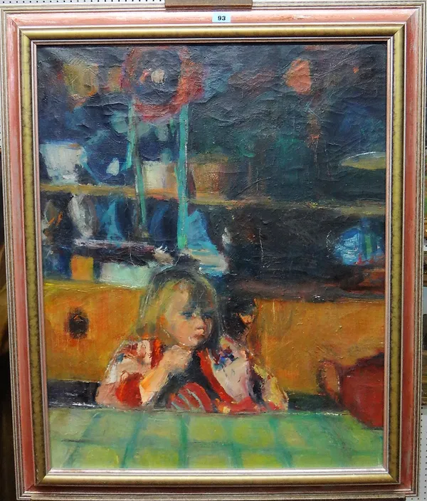 H. L. Barber (late 20th century), A child seated at a table, oil on canvas, inscribed on reverse, 74.5cm x 59cm.