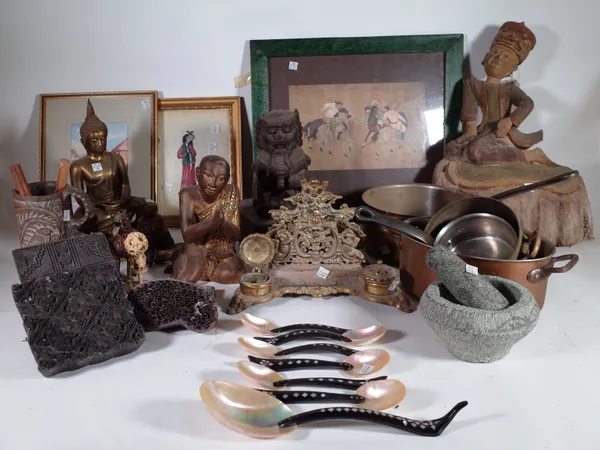 Metalware and collectables, including; a Chinese puzzle ball, carved figures, copper pans and sundry, (qty.).