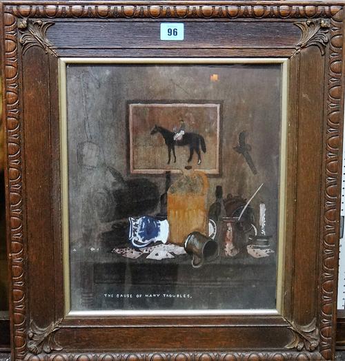 English School (c.1900), 'The cause of many troubles', mixed media and pokerwork on panel, 35.5cm x 29cm.