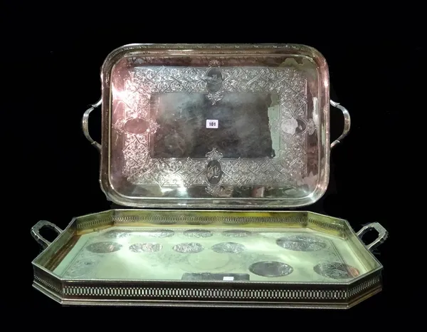 A large silver plated drinks tray with pierced gallery borders and engraved decoration and another similar, (2). Provenance; property from the late Si