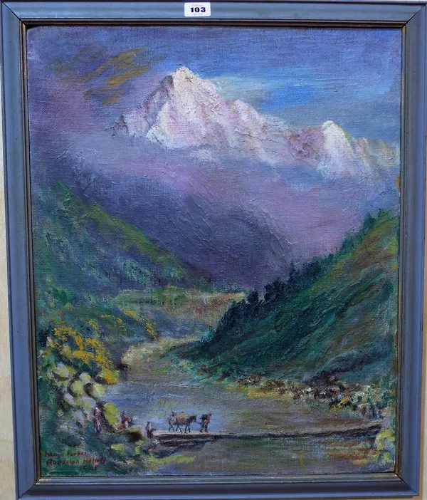 Randolph Bezzant Holmes (British 1888-1973) Sunrise on Nanga Parbat, oil on canvas board, signed, inscribed and dated 1945, 56cm x 45cm, together with