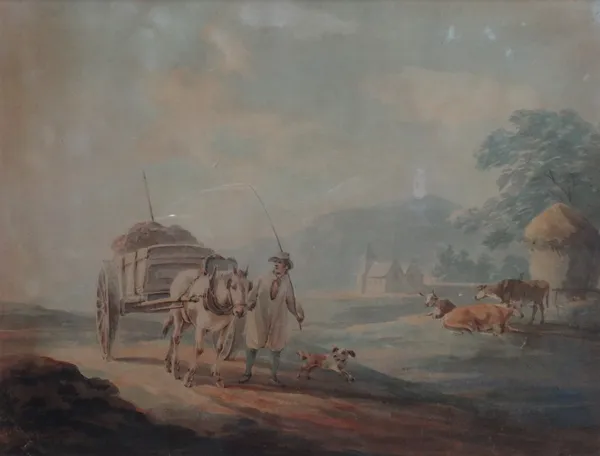 Follower of Peter le Cave, Horse and cart on a country road, watercolour, bears a signature, 18.5cm x 25cm.; together with a further watercolour by a