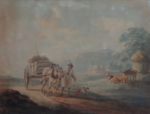Follower of Peter le Cave, Horse and cart on a country road, watercolour, bears a signature, 18.5cm x 25cm.; together with a further watercolour by a