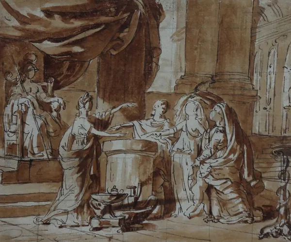 Attributed to Louis le Barbier (1743-1789), Figures gathered around a font, pen, ink and sepia wash, unframed, 13cm x 15.5cm.