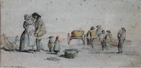 Edward William Cooke (1811-1880), Selling fish at Newlyn, pencil and watercolour, 12cm x 24cm.; together with a drawing of Glendalough attributed to J