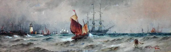 Follower of Thomas Bush Hardy, Vessels at the harbour mouth, watercolour, bears a signature, 22.5cm x 71.5cm.; together with a further watercolour mar