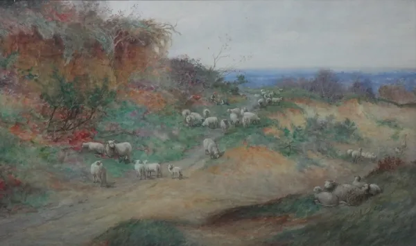 Follower of Joseph Kirkpatrick, Sheep and shepherd on a country path, watercolour, 52.5cm x 88cm.