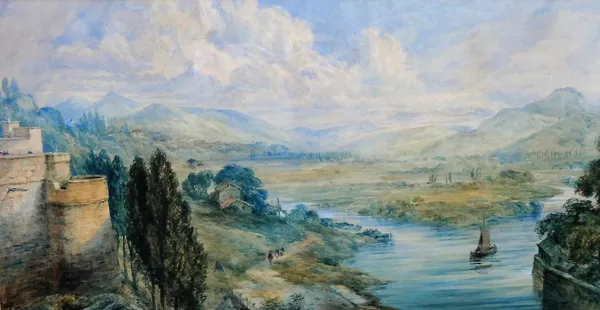 Attributed to Alfred Vickers senior (1786-1868), Valley of the Moselle, watercolour, 35cm x 67.5cm.