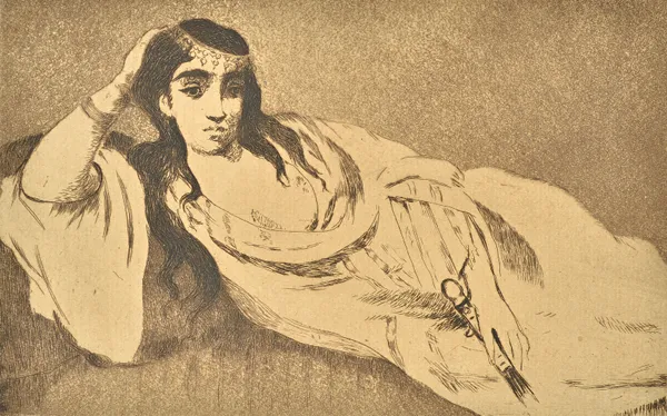 Edouard Manet (1832-1883), Odalisque, etching, unframed, 12.5cm x 19.5cm.; together with three pencil or ink sketches of figures and a handby another