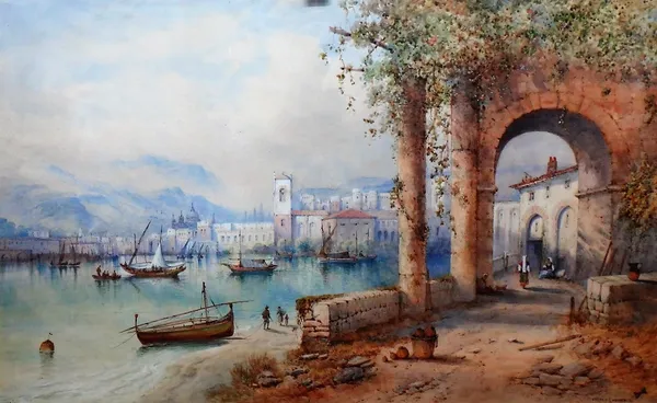 Sydney Lawrence (1858-1940), On the edge of an Italian lake, watercolour, signed, 57cm x 90cm.