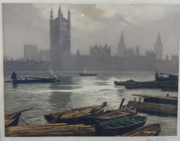 Henri Jourdain (1864-1931), Westminster from the Thames, colour etching with aquatint, signed in pencil, 49.5cm x 66cm.