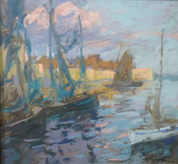 ** Hornuth (20th century), Harbour scene, pastel, indistinctly signed and dated 1925, inscribed on label verso, 40cm x 44cm.