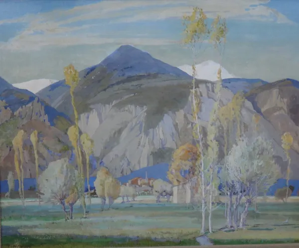 Freda Marston (1895-1949), The Maritime Alps, tepera on silk laid on panel, signed, 39cm x 49cm. DDS