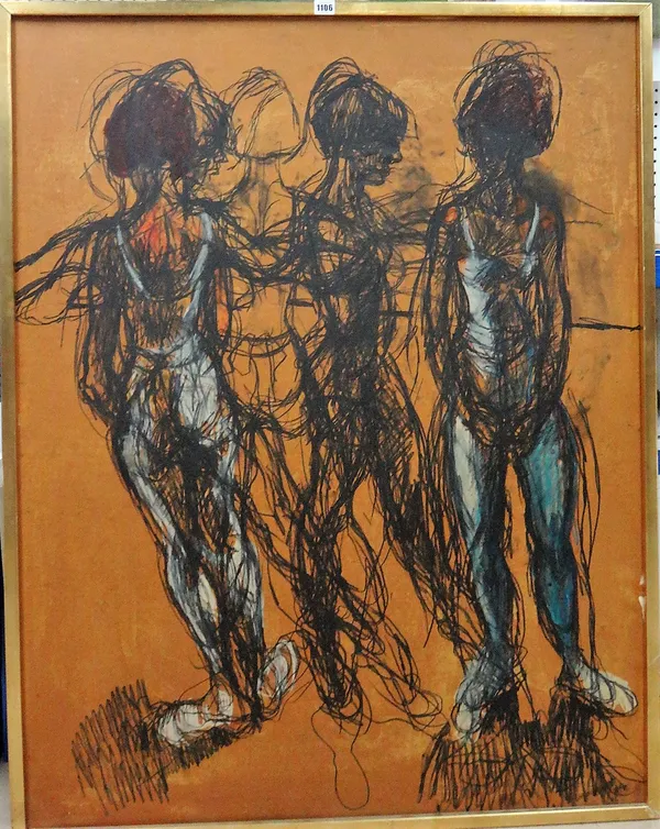 Jason Monet (1938-2009), Three ballerinas, mixed media and print on paper, signed and dated '64, 124cm x 96.5cm.