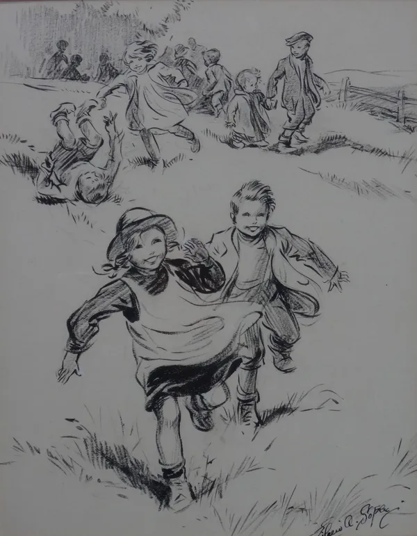 Eileen Alice Soper (1905-1990), Children at play, ink and pencil, signed, 24cm x 18cm.; together with two signed etchings by Soper: 'Patience' and 'Fo