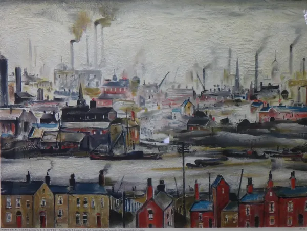 Lawrence Stephen Lowry (1887-1976), Industrial scene, offset lithograph, printed by Chromoworks Ltd, published by J. Lyons & Co Ltd, 72cm x 96cm. DDS