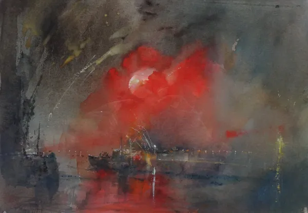 Leslie Charles Worth (1923-2009), Fire in the docks, watercolour, signed, 24cm x 34.5cm.  DDS