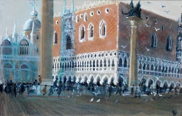 John Doyle (b.1928), Venice; Piazzetta San Marco, Venice; San Giorgio Maggiore, Venice; Sunset, Sunset Siena, a group of five gouache, all signed with