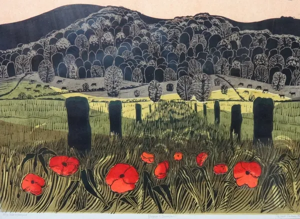 Robert Tavener (1920-2004), Poppies and Downs no.3, colour screenprint, signed, inscribed and numbered 22/75, 46cm x 60cm. DDS