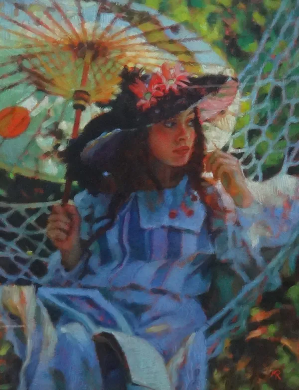 M** R** (contemporary), Girl with parasol, pastel, signed with monogram, 63cm x 48cm.