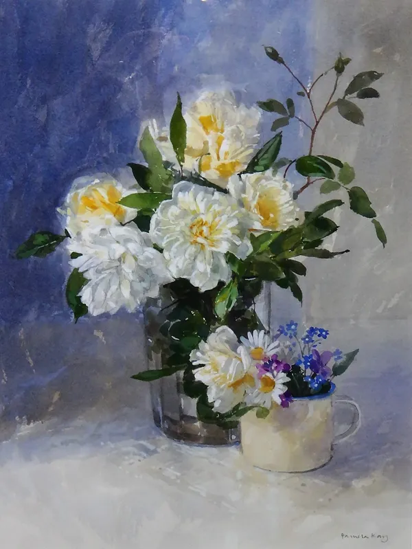 Pamela Kay (b.1939), Still life of Alberic Balbiere roses, watercolour and gouache, signed, 42cm x 31cm. DDS