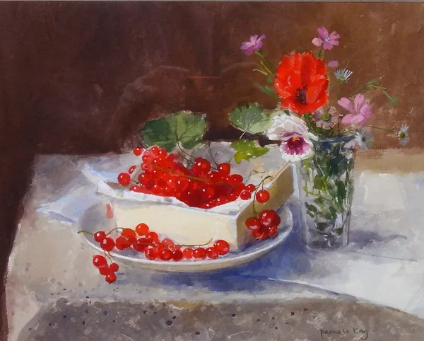 Pamela Kay (b.1939), Still life of redcurrants and flowers, watercolour and gouache, signed, 24.5cm x 31cm. DDS