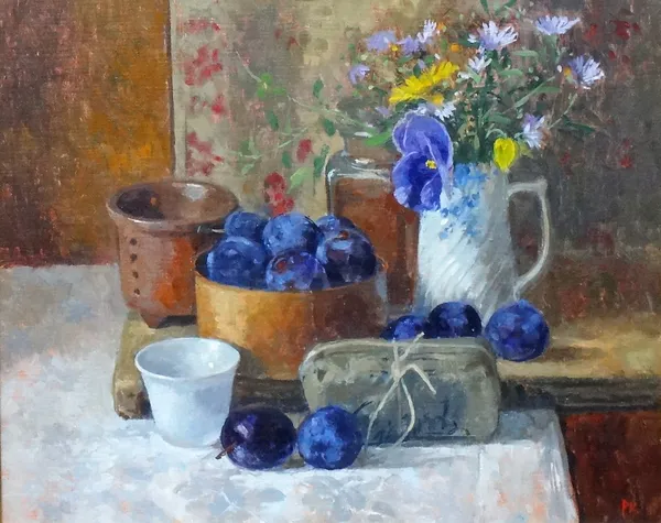 Pamela Kay (b.1939), Still life with plums, oil on board, signed with initials, 30cm x 37.5cm. DDS