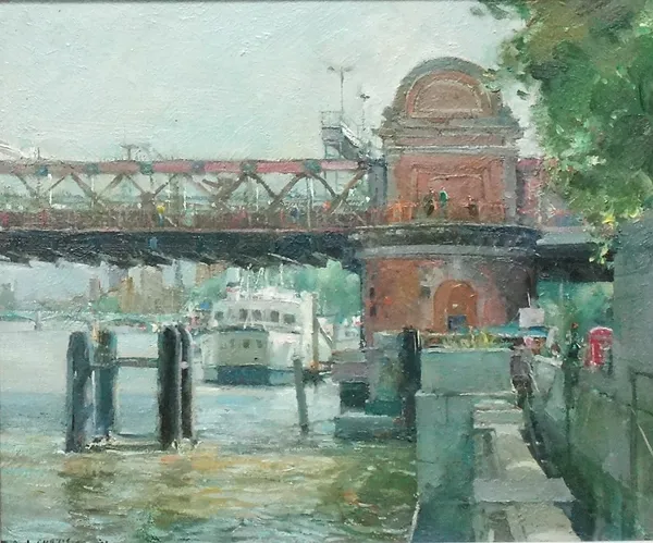 David Jan Curtis (b.1948), Hungerford Bridge, Thames Embankment, oil on board, signed and dated 98, 24.5cm x 29cm. DDS