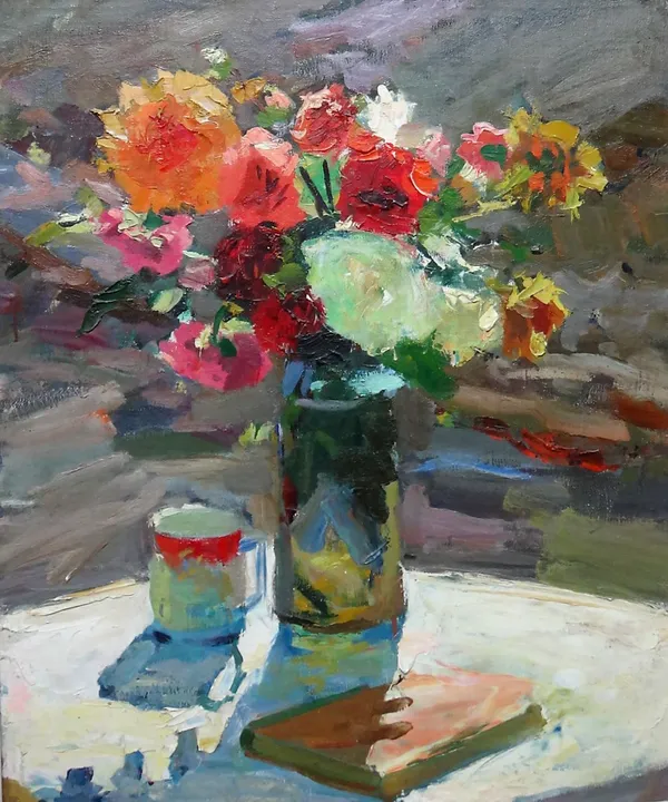 Russian School (20th century), Still life of flowers in a vase, oil on canvas, 77cm x 64cm.