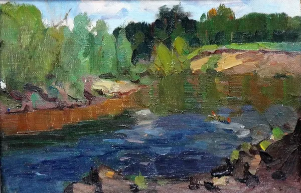 Boris Fyodorovitch Fayenkov (20th century), Landscapes, a set of three, oil on board, the larger 19cm x 27.5cm.(3)