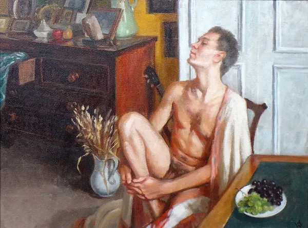 Anne Wright, (b.1935), Male nude, oil on canvas, signed with monogram, 29.5cm x 39.5cm.  DDS