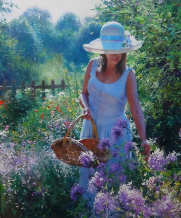 Tony Sheath (b.1946), In the garden, oil on canvas, signed, 60cm x 49.5cm.   DDS