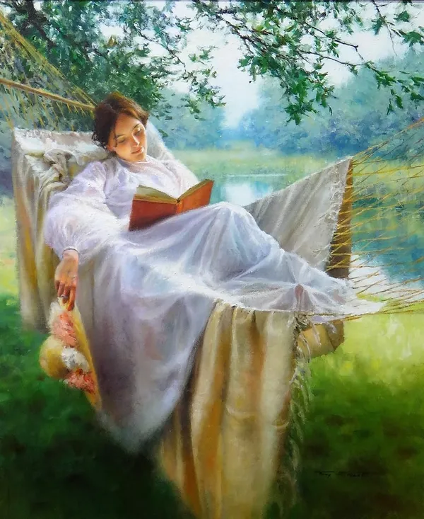 Tony Sheath (b.1946), Reading in the hammock, oil on canvas, signed, 59.5cm x 49.5cm.  DDS