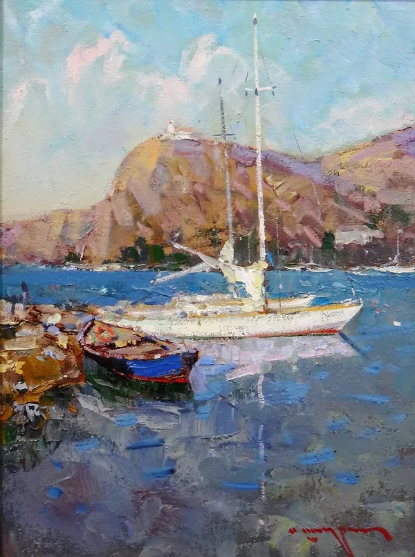 Russian School (21st century), Boats off the coast, oil on canvas, indistinctly signed, inscribed and dated 2006 on reverse, 39cm x 29cm.