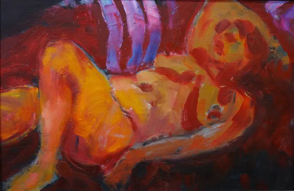 Attributed to Patrick Dolan (1926-1980), Reclining nude, oil on board, bears a signature, 19cm x 28cm.