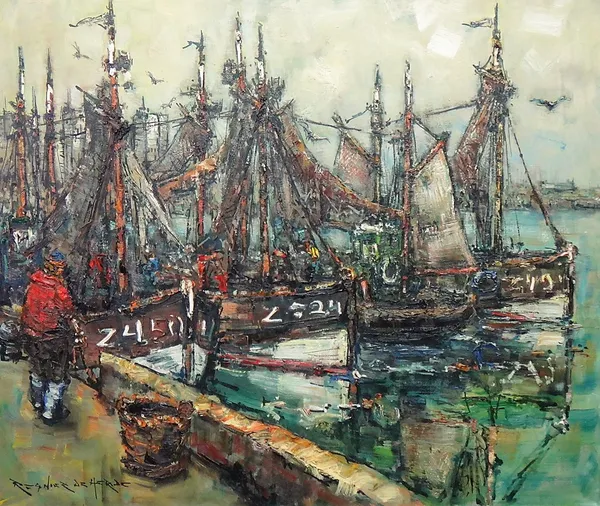 Regnier de Herde (1914-2004), Harbour scene, oil on canvas, signed, 99cm x 119cm.  DDS