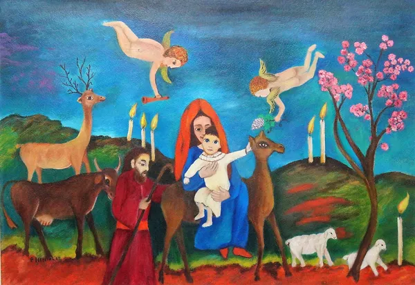 Perle Hessing (b.1908), Flight into Egypt, oil on board, signed and dated '67, 40.5cm x 58cm.