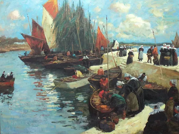 Continental School (20th century), Harbourside scene, oil on canvas, 75.5cm x 100cm.