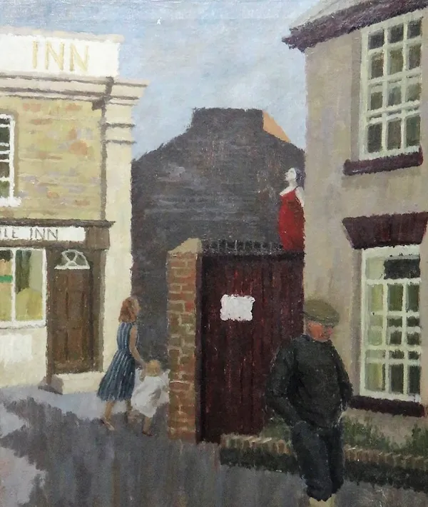 Anne de Quetteville Robin (20th century), Street scene with figures near an inn, oil on canvas, 60cm x 50cm. DDS