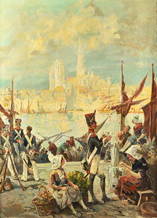 French School (19th/20th Century), On the bank of the Seine, Le cathédrale de Rouen beyond, oil on canvas, bears a signature and date 'Damièr 1876', 9