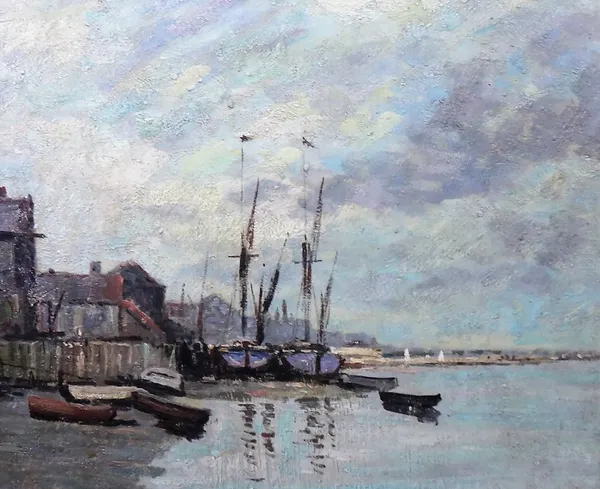 After Boudin, Harbour scene with boats, oil on canvas, 45cm x 54cm.